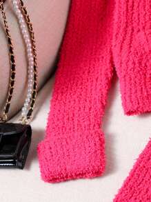 SHEIN 青少年女孩休闲毛领开衫和毛衣配裙子套装，秋冬季，圣诞节 - 玫紅色 - 查看 6