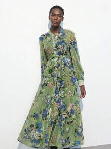 Maija 女士花卉印花 V 领长袖绿色连衣裙，休闲度假时尚百搭，春夏