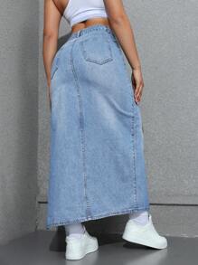 SHEIN EZwear 女士性感高开叉长款牛仔裙 - 淺色水洗藍 - 查看 2