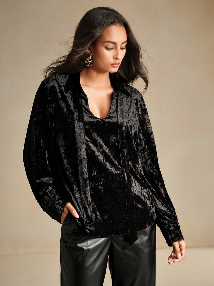 1pc Women Solid Color Velvet Feel Lapel Elegant Long Sleeve Blouse