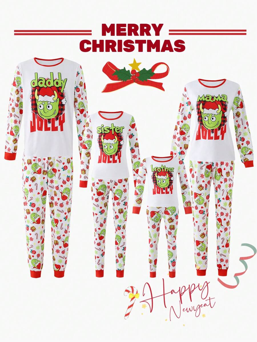 Tween Girl Christmas Pajamas, Holiday Party Family Matching Sleepwear, Monster Siblings Design, Long Sleeve Top & Pants 2pcs Set, Cozy Fabric, Warm & Comfortable, Family Reunion Photo Shoot, Christmas Decorations - Red - View 1
