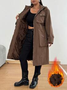 Flirla Casual Retro Workwear Jacket, Loose Fit Plus Size Mid-Length With Waist Drawstring - Brown - View 1
