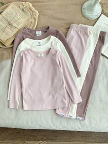 SHEIN LMoss Kids Set da 6 pezzi per ragazze giovani, composto da top a maniche lunghe e collo rotondo aderente e leggings con ricamo a lettere, morbido e caldo per l autunno/inverno, ideale per uso quotidiano e pigiama