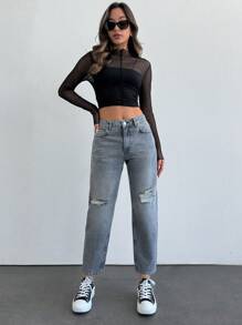SHEIN MID-TAILLE GESCHEURDE MOM FIT GRIJZE JEANS
