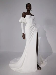 Elitara Elegant Luxury Ivory Strapless Removable Puff Long Sleeve Lace Up Back Tie Off Shoulder Herringbone Elastic Knit Split Hem See-Through With Applique Fish Tail Dress With Train, Suitable For Wedding, Party, Vacation - Beige - View 7