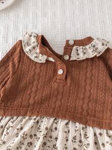 Cozy Pixies Baby Girl Ditsy Floral Color Block Round Neck Ruffle Trim Long Sleeve Bodysuit - Multicolor - View 9