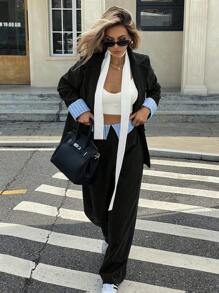 Serisse 女士秋冬条纹西装外套和裤子两件套 - 黑色 - 查看 3