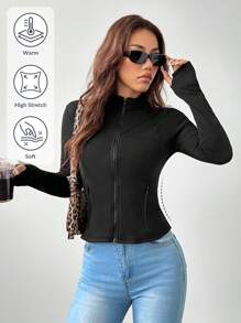 SHEIN ICON Chaqueta de protección solar de punto negra para mujer, blusa casual de manga larga con cierre delantero liso para mujer, traje de mujer para el Día de Acción de Gracias, sudadera para mujer - Negro - Ver 1