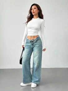 SHEIN PETITE 女士三件套圆领休闲紧身纯色长袖T恤套头衫套装适合春秋冬季