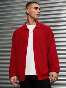 SHEIN Cottnline Men's Comfortable Casual Collared Cardigan Sweater - Red - View 3