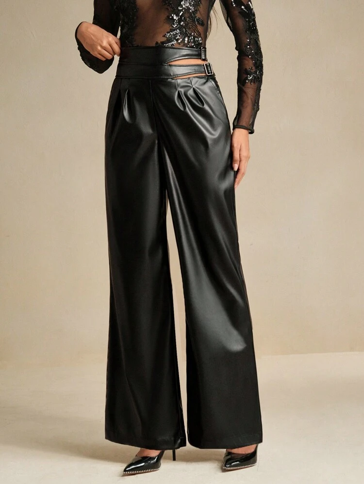 Women Side Hollow Out Double Waist Leg Wide Loose Long Faux Leather Pants
