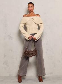 Glamine Women Off Shoulder Halter Neck Twist Front Bell Sleeve Sweater