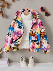 SHEIN Áo khoác nỉ dệt kim họa tiết chữ Graffiti cho bé gái có mũ rộng rãi thường ngày - Nhiều màu - Xem 6