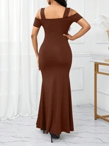 SHEIN Lady Wedding Guest Dress Holiday Reception Ceremony Dress - Chocolate Brown - View 3