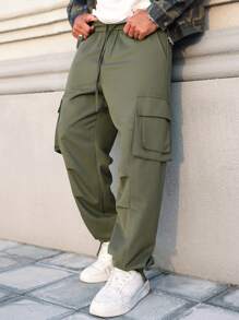 Manfinity Streetrush Casual Straight Leg Multi-Pocket Loose Pants, Street Fashion Trousers, Cargo Pants, Boyfriend Gifts
