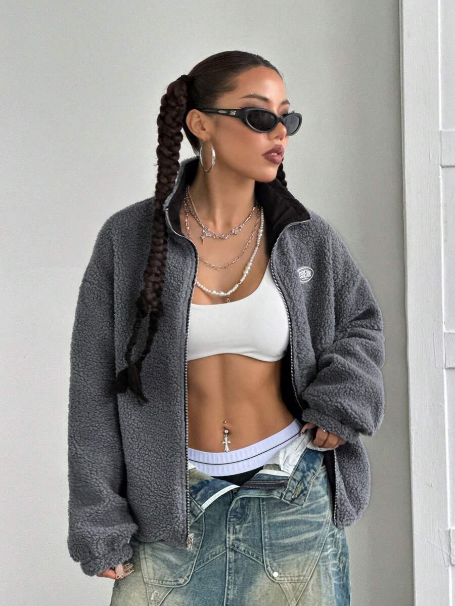 StreetHx 女式双面字母及毛茸茸衬里夹棉夹克（秋冬季）