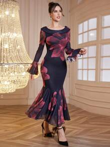 Modelyn Vestido largo de malla con estilo flamenco, vestidos de noche largos