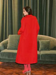 Zolique Women Casual Solid Color Patchwork Pocket Long Overcoat - Red and White - View 2