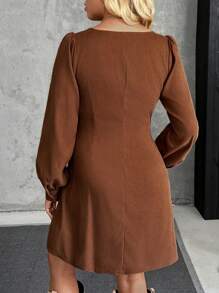SHEIN 孕妇休闲纯色灯笼袖前扣连衣裙（秋季） - 咖啡 - 查看 5