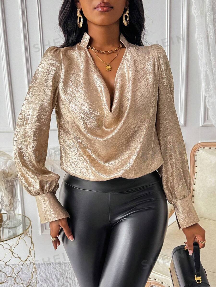 Elegantes romantisches Rüschenkragenhemd aus perlmuttartigem Gewebe für Damen, geeignet für Partys, Neujahrsfeierlichkeiten und Feiertagskleidung - Gold - Übersicht 1