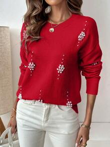 EMERY ROSE Casual Comfortable Soft Pearl Embellished Sweater For Women For New Year Clothes Knit Pullover Fall Winter Outfit