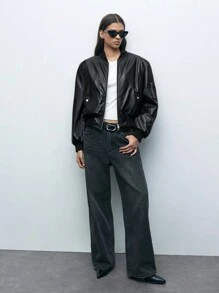 Maija 1 件女士休闲宽松纯色垫肩拉链前口袋长袖夹克，极简时尚日常外套，秋冬季 - 黑色 - 查看 2
