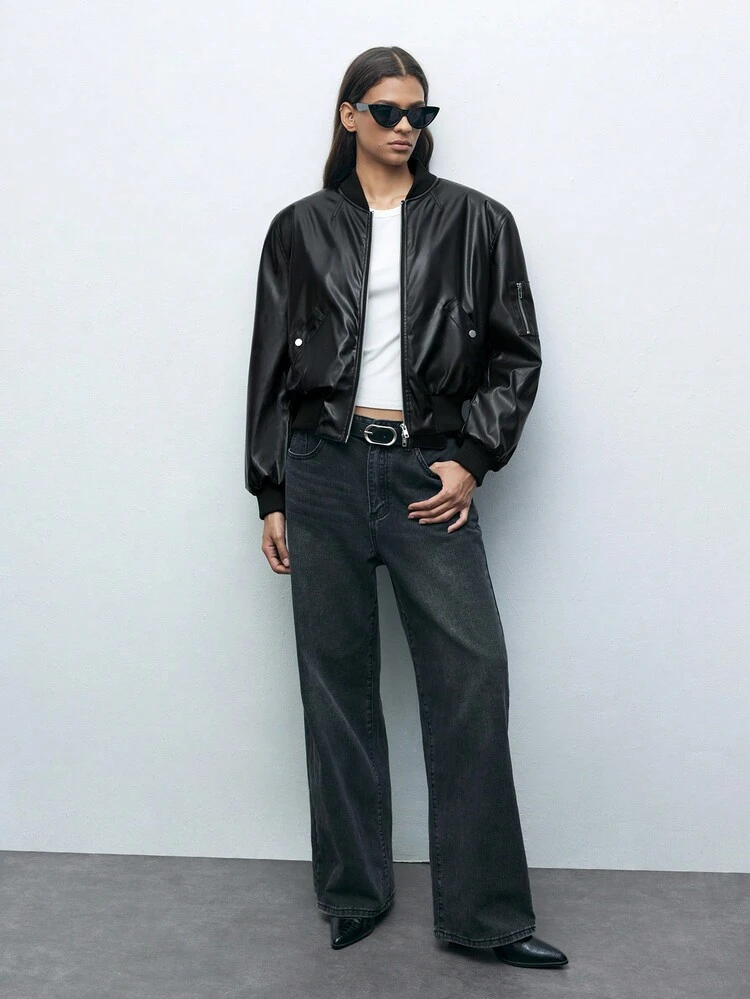 SHEIN Maija 1pc Women's Casual Loose Solid Color Padded Shoulder Zip Front Pocket Long Sleeve Jacket, Minimalist Fashion Outerwear For Everyday, Autumn/Winter