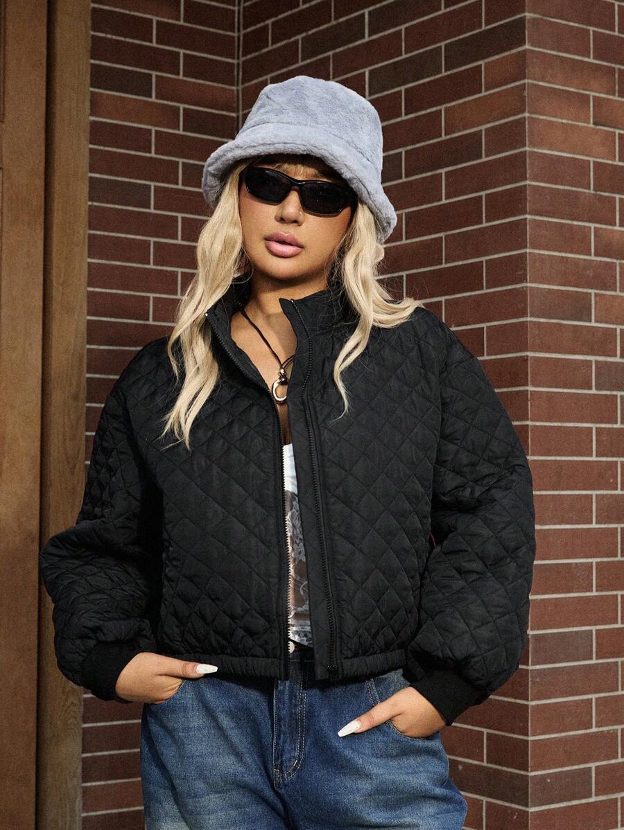 SHEIN EZwear Áo khoác đệm ngắn cổ đứng họa tiết kim cương màu trơn thường ngày cỡ lớn mùa đông - màu đen - Xem 1