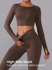 Easithlete 1 套纯色圆领长袖上衣和长裤及无缝高弹力运动套装女士健身套装女士紧身裤套装 - 棕色 - 查看 6