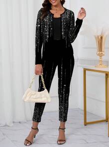 SHEIN Clasi 2 件套女士休闲简约仿珍珠印花长袖上衣和裤子套装，适合秋季 - 彩色 - 查看 6