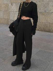 DAZY Women's Solid Color Casual Cropped Loose Fit Long Sleeve Sweater For Autumn/Winter - Black - View 6