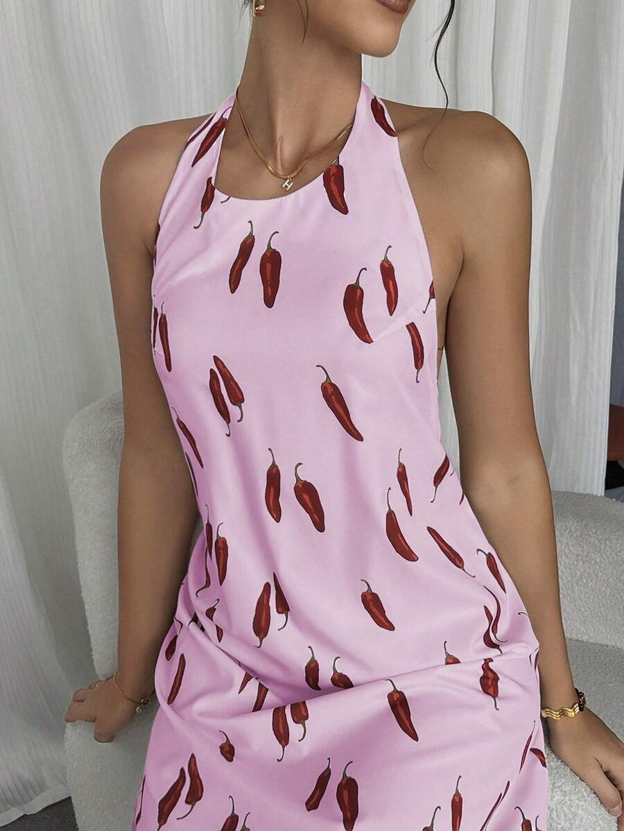 INAWLY Women's Sexy Full-Print Chili Pepper Backless Halter Mini Dress, Summer - Pink - View 1