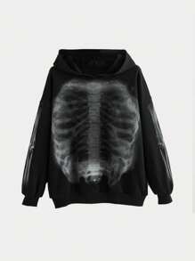 ROMWE Grunge Punk Casual Streetwear Esthetische Film Skeleton X-Ray Grafische Oversized Drop Schouder Dames Hoodie
