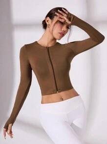 Slayform Áo khoác thể thao bó sát co giãn phía trước cho nữ - Cà phê nâu - Xem 3