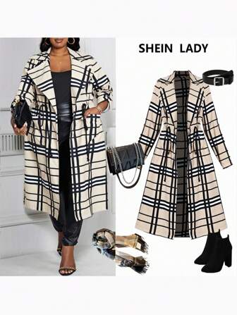 SHEIN CURVE+ 大码女式经典优雅通勤格子缺口领中袖中长外套，杏色和黑色格子女士夹克适合外出