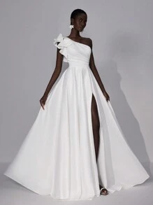 Elitara Elegant, Gorgeous, Luxurious Beige Ruffled One-Shoulder High-Low Backless Suspender Satin Gathered Slit With Large Hem Train Suitable For Wedding Events Bachelor Party Holiday Prom Wedding Dress, White Bridal Dress