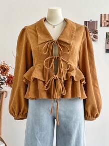 Soleia WYWH Plus Size Brown Corduroy Embroidered Ruffle Hem Puff Sleeve Cute Jacket - Brown - View 6