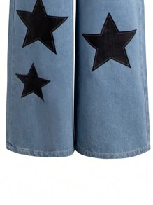 SHEIN 2pcs/Set Tween Girl/Teen Five-Pointed Star Print Denim Pants And Gray Casual Undershirt