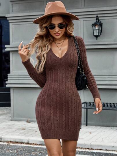 SHEIN LUNE 棕色女式长袖紧身短毛衣连衣裙，冬季