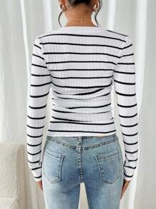 SHEIN Frenchy V-Neck Striped Pattern Casual Long Sleeve T-Shirt Winter Spring - Black and White - View 2