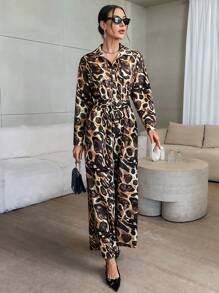 SHEIN Privé Combinaison à larges jambes imprimée sur toute la surface pour femmes, à la mode pour l'automne - Multicolore - Voir 6