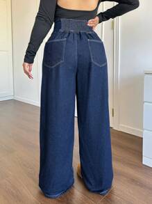 SHEIN ICON 大码牛仔裤休闲高腰纽扣蓝色镂空服装圣诞节女装感恩节女装返校节冬季牛仔女郎服装抓绒 - 藍色 - 查看 2