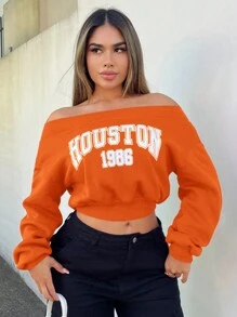 SHEIN SXY Sudadera corta para mujer con estampado de letras y hombros al descubierto, estilo primavera - Naranja - Ver 1