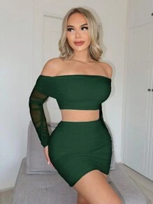 SHEIN SXY Áo crop top hở vai nhún bèo cho nữ & chân váy bó sát - Màu xanh lá cây đậm - Xem 3