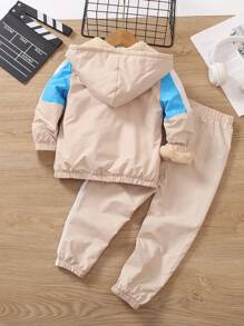 SHEIN Conjunto de 2 piezas para niño pequeño: Sudadera con capucha y pantalón de chándal con forro térmico, adecuado para uso diario, escuela, deportes y exterior en otoño e invierno