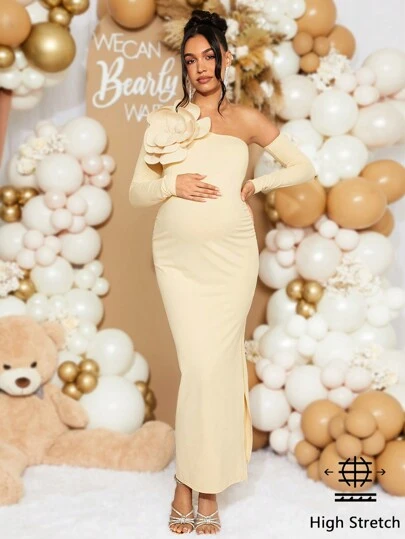Loomaby Vestido largo de manga larga ajustado con cuello asimétrico, decoración floral 3D y abertura alta en el bajo para embarazadas, elegante para fiesta de baby shower