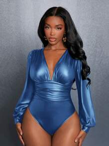 Slaydiva Elegant Deep V-Neck Bubble Sleeve & Waist Pleated Black Pu Coated Bodycon Bodysuit For Women
