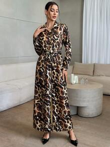 SHEIN Privé Combinaison à larges jambes imprimée sur toute la surface pour femmes, à la mode pour l'automne - Multicolore - Voir 4