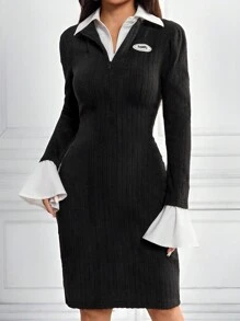 Seusyu Women's Color Block Long Sleeve Bodycon Mini Dress - Black - View 6