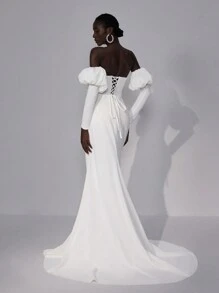 Elitara Elegant Luxury Ivory Strapless Removable Puff Long Sleeve Lace Up Back Tie Off Shoulder Herringbone Elastic Knit Split Hem See-Through With Applique Fish Tail Dress With Train, Suitable For Wedding, Party, Vacation - Beige - View 3